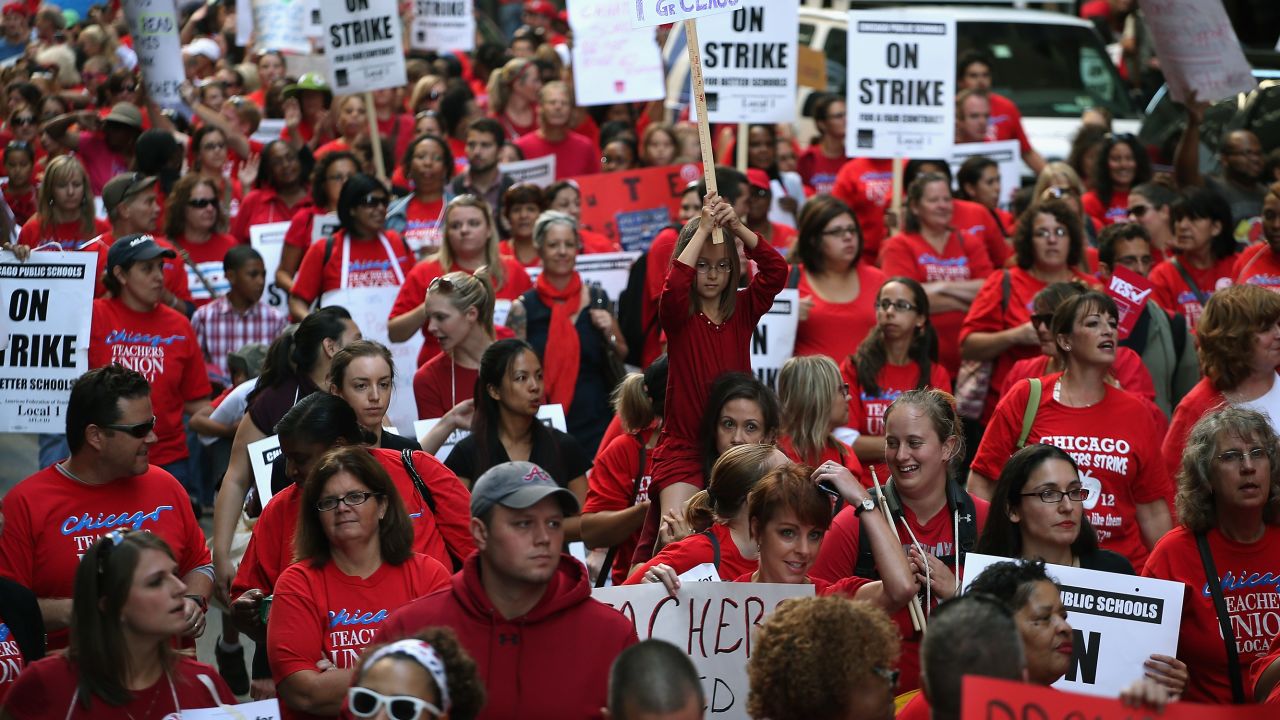 Thousands of Chicago teachers and their supporters take to the streets on Monday after contract negotiations broke down. 