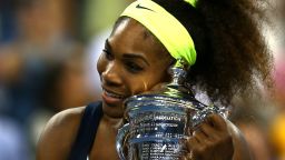 NEW YORK, NY - SEPTEMBER 09:  Serena Williams of the United States celebrates with the championship trophy after defeating Victoria Azarenka of Belarus to win the women's singles final match on Day Fourteen of the 2012 US Open at USTA Billie Jean King National Tennis Center on September 9, 2012 in the Flushing neighborhood of the Queens borough of New York City.  (Photo by Elsa/Getty Images)