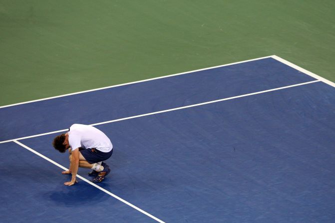 Andy Murray of Great Britain reacts after defeating Novak Djokovic of Serbia in the men's singles final match on Monday.
