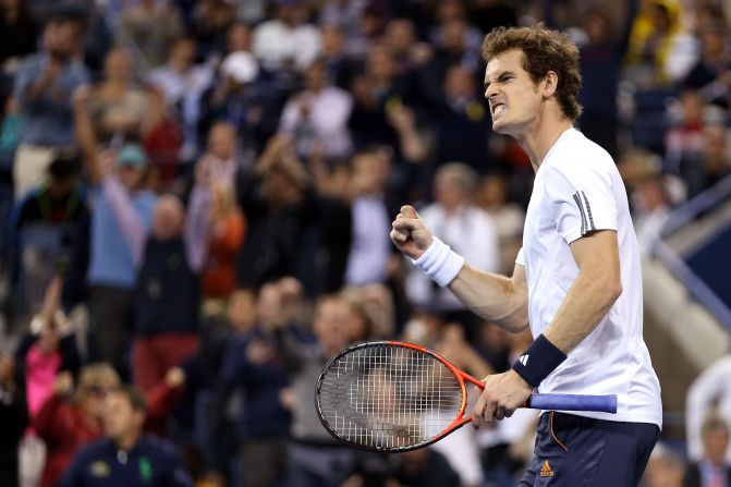 Andy Murray celebrates after gaining a point against Novak Djokovic on Monday.