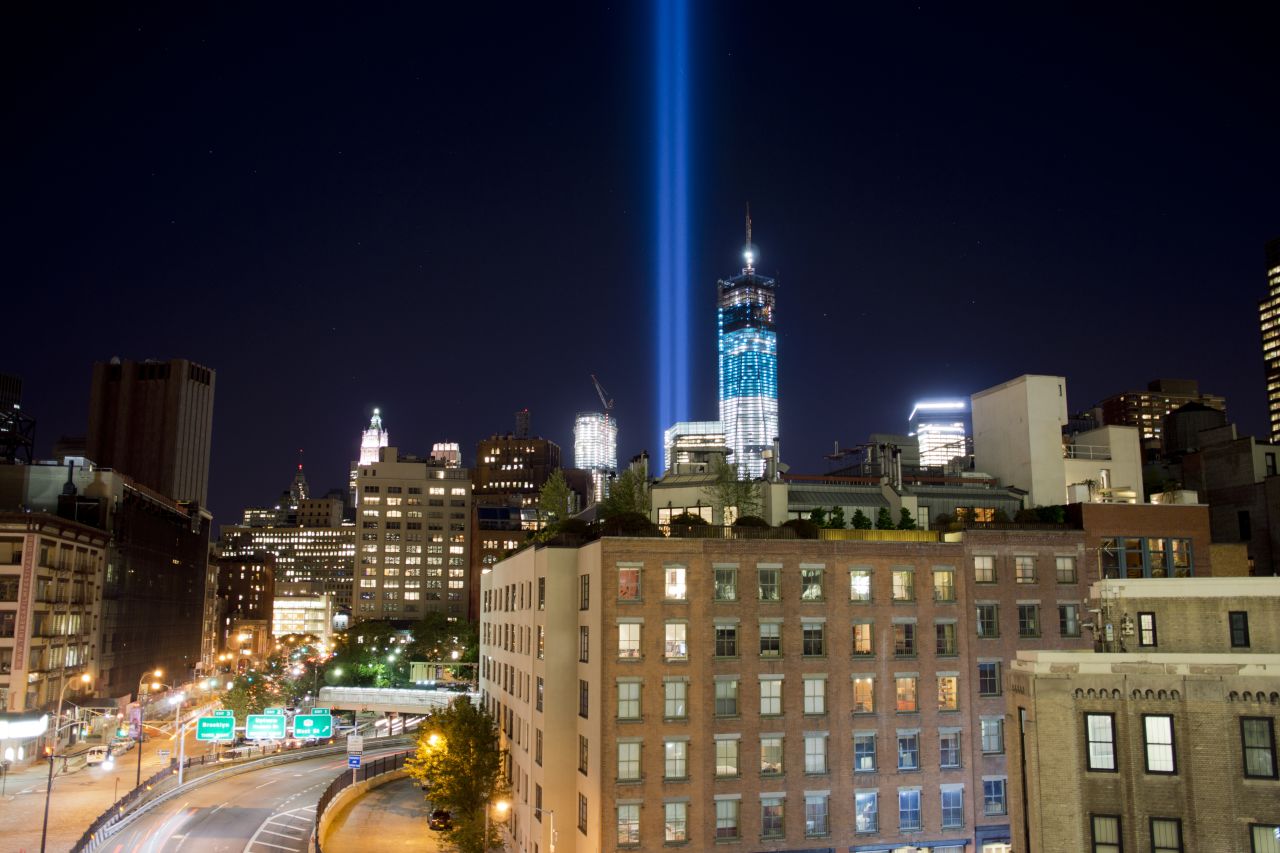 New York's "Tribute in Light" for the victims of the 9/11 terrorist attacks shines into the sky over Manhattan on September 10, 2012.