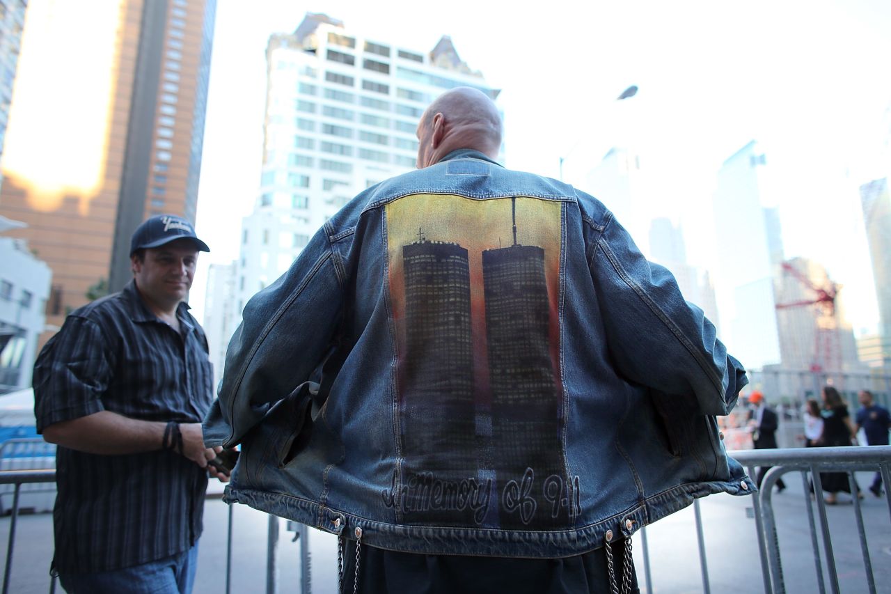 David Peters displays his jacket depicting the Twin Towers at the World Trade Center site.