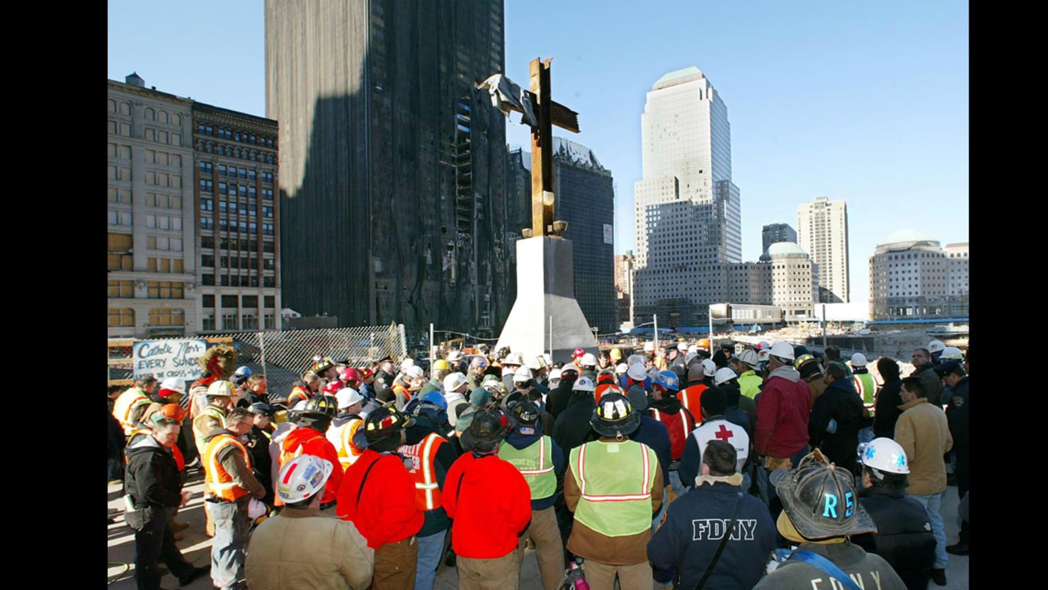 The makeshift steel cross at "Ground Zero" was the subject of a lawsuit.TIMOTHY A. CLARY/AFP/Getty Images)