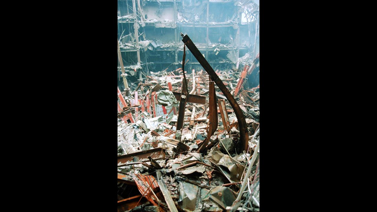 This image released by the U.S. Customs Service shows the cross as it was found amid the World Trade Center rubble days after the attacks.