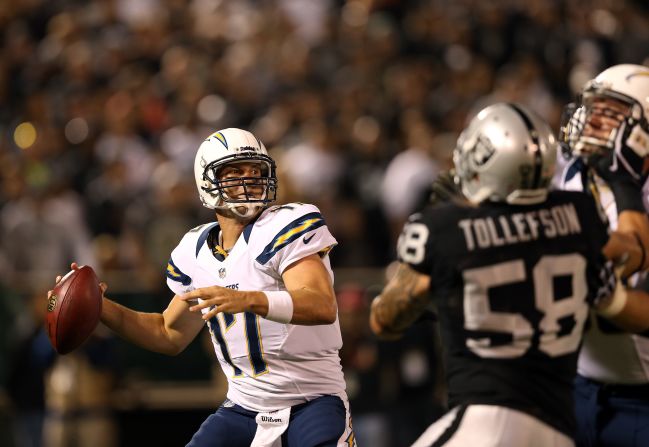 Quarterback Philip Rivers of the San Diego Chargers drops back to pass against the Oakland Raiders during both team's season opener on Monday, September 10 in Oakland, California. The Chargers defeated the Raiders 22-14. Enjoy the best action from Week One of the 2012 National Football League season.