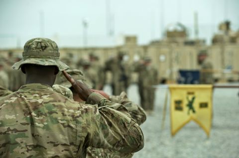 U.S. military platoons operating out of Lindsey-Forward Operating Base in Afghanistan stand in formation Tuesday during a brief ceremony.