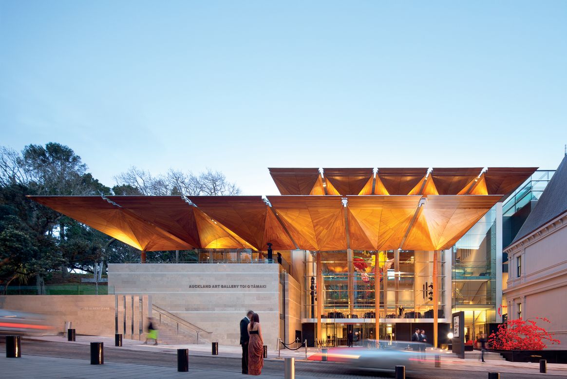 Art Gallery Toi o Tāmaki in Auckland, New Zealand has been praised for its natural forms and "moments of drama," such as the intricately crafted canopies over the atrium and forecourt.<br /><em>Designed by: Francis-Jones Morehen Thorp, Australia</em>