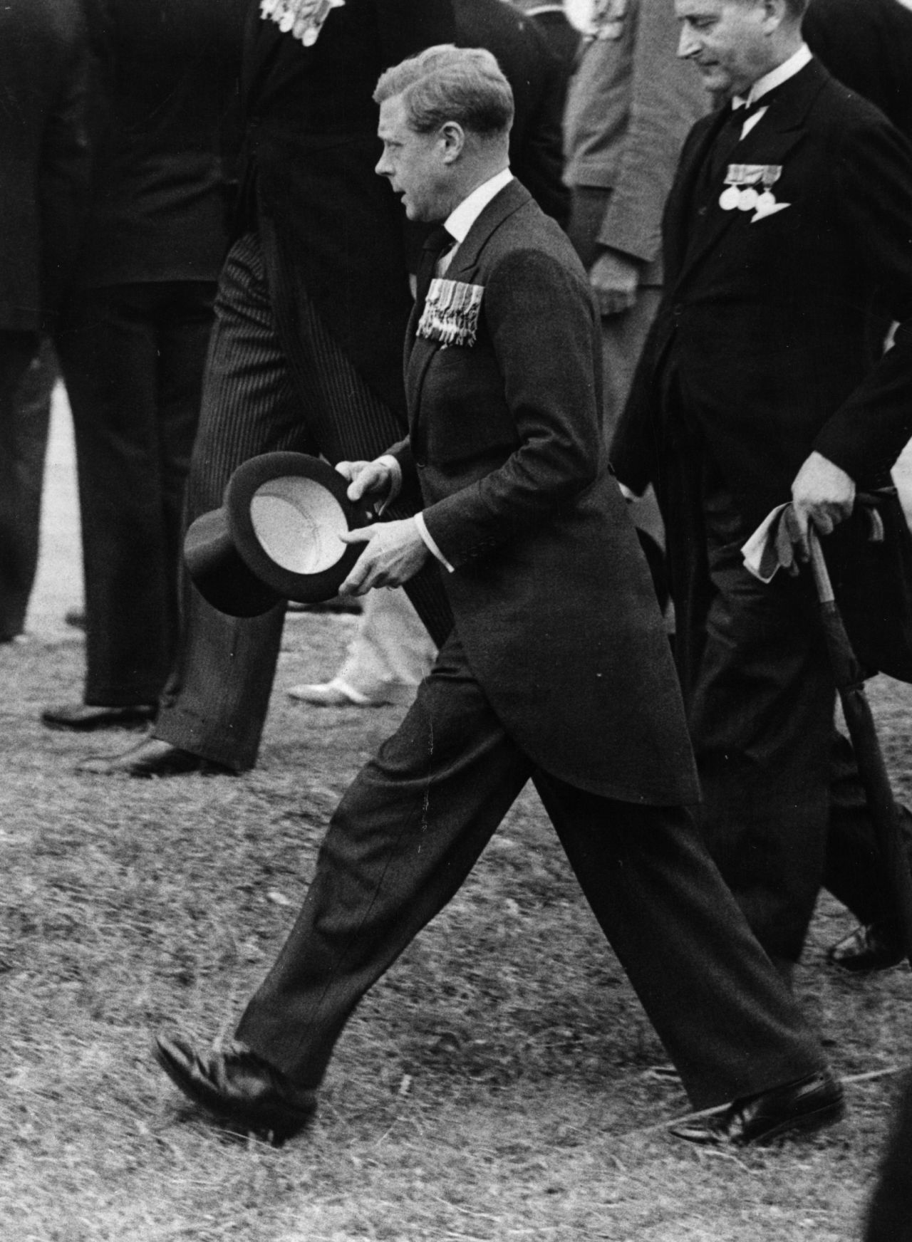 Edward VIII, pictured at the Canadian National Memorial at Vimy Memorial Ridge, France, in July 1936, ascends to the British throne on January 20, 1936, succeeding his father, King George V, upon his death.