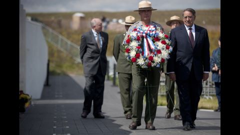 U.S. Secretary of Defense Leon Panetta, right, participates in a wreath-laying ceremony in Shanksville.