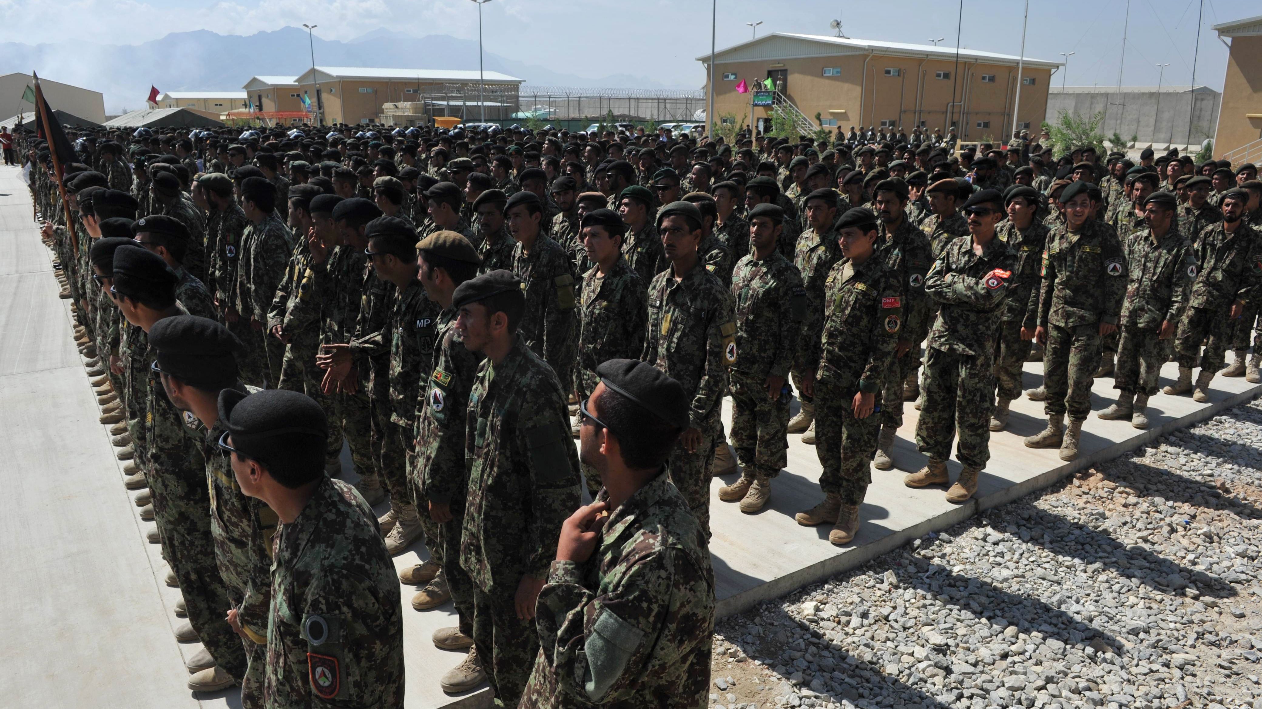 Afghan National Army (ANA) soldiers stand in formation at the US airbase in Bagram north of Kabul on September 10, 2012.