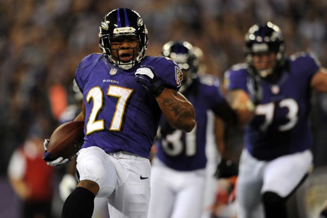 Running back Ray Rice of the Baltimore Ravens scores on a seven-yard touchdown run against the Cincinnati Bengals on Monday.
