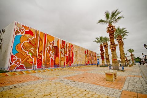 A giant mural in the town of Kairouan to celebrate the first anniversary of the Tunisian revolution. This was part of a project supported by the community organization Al Khaldounia.