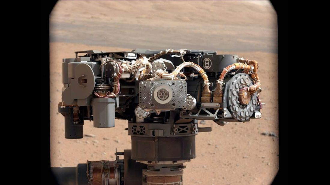 Researchers used the Curiosity rover's mast camera to take a photo of the Alpha Particle X-Ray Spectrometer. The image was used to see whether it had been caked in dust during the landing. 