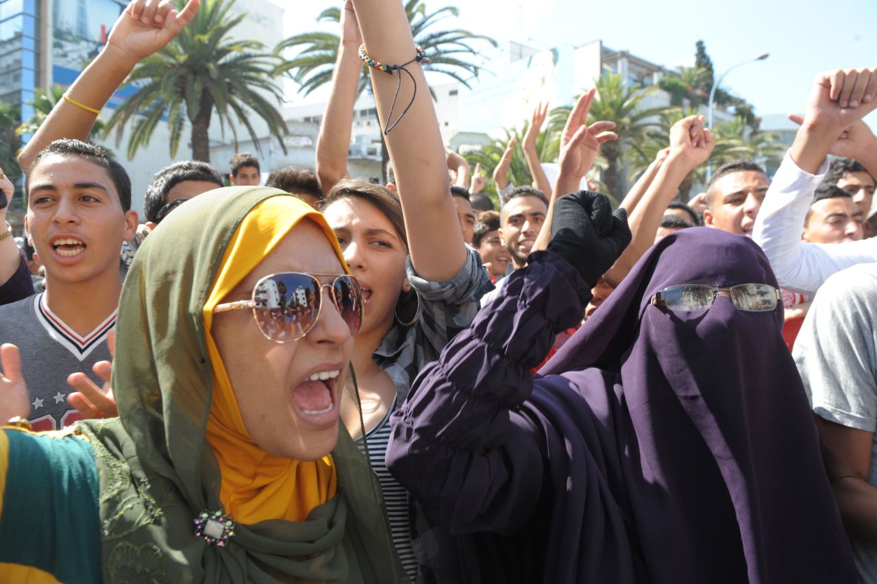 Moroccan women gather near the U.S. Embassy in Casablanca on Wednesday.