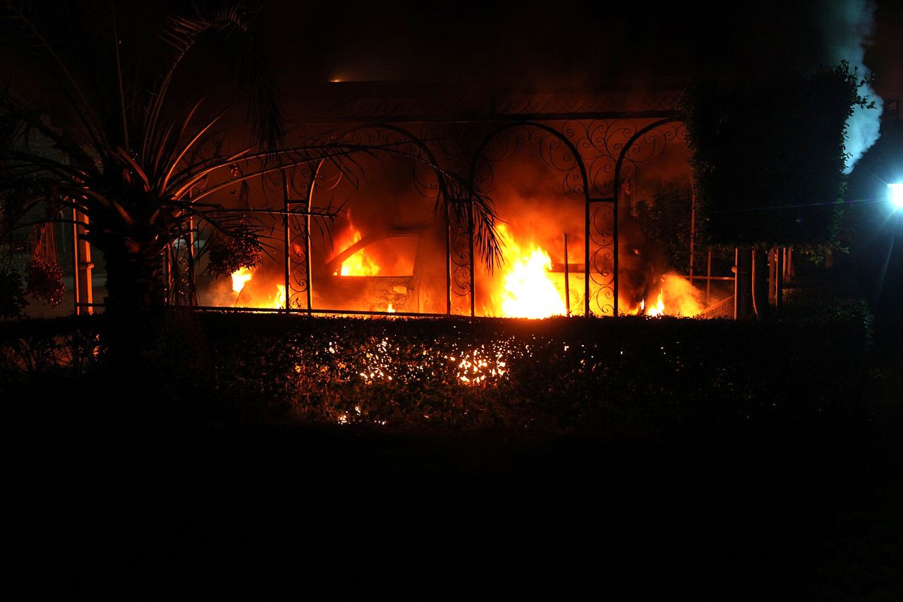 A vehicle burns during the attack on the U.S. mission on September 11.