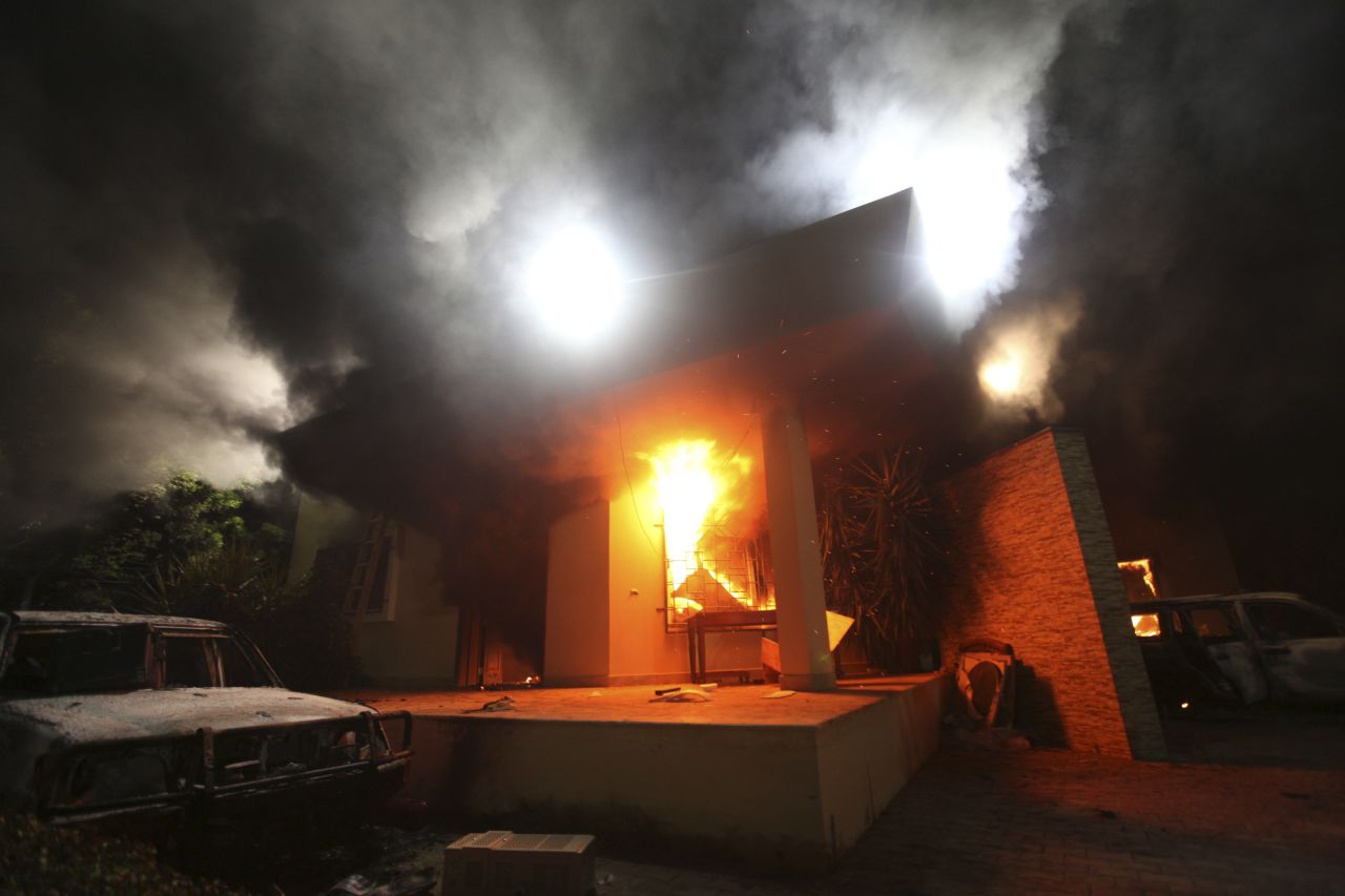 The U.S. Consulate in Benghazi is seen in flames Tuesday, September 11.