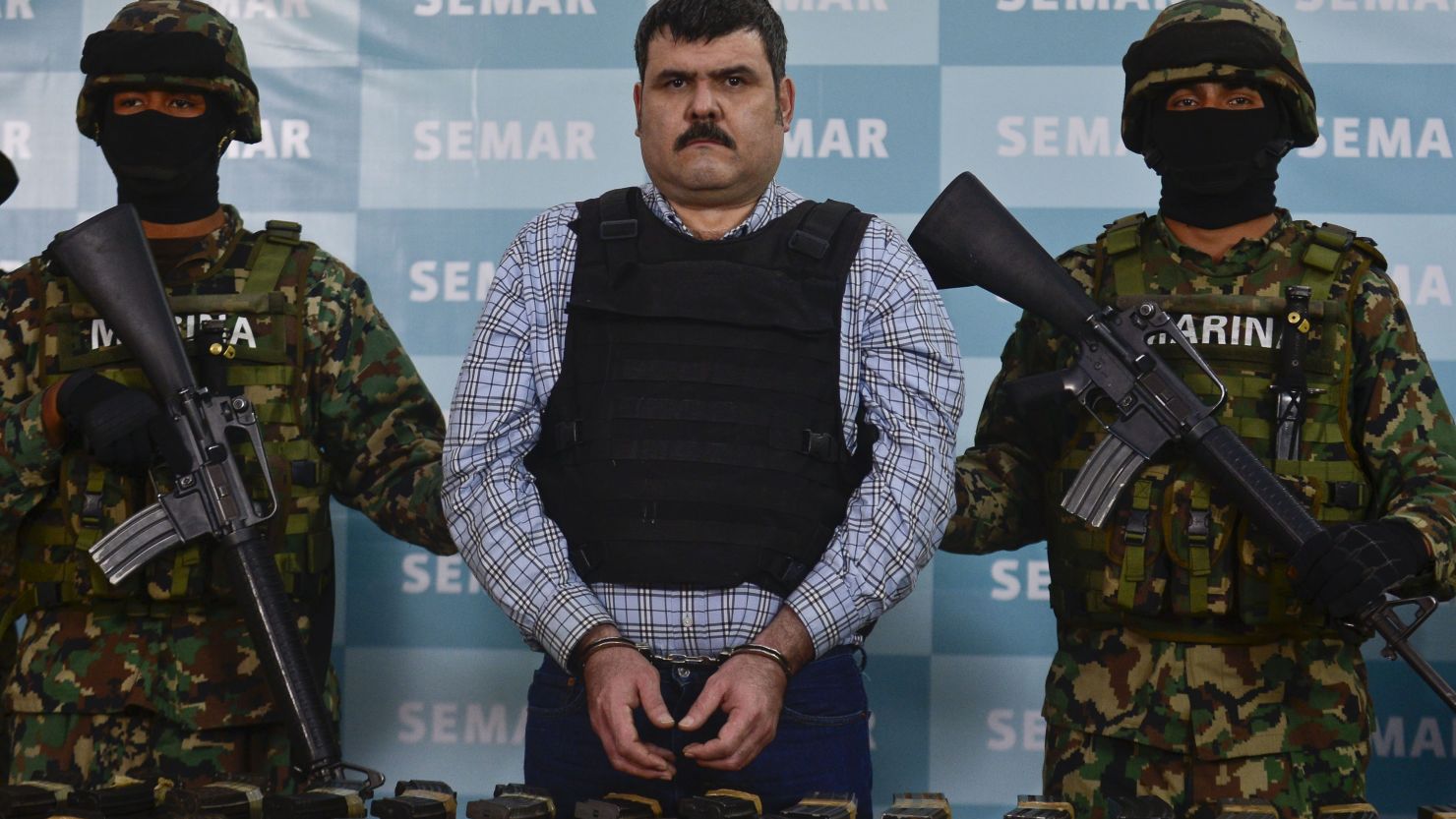 Alleged Gulf  drug cartel leader Jorge Eduardo Costilla Sanchez is presented to the press in Mexico City, on September 13, 2012. 