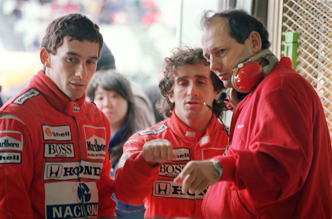 Ayrton Senna (left) and Alain Prost (centre) in happier times during the early stages of their tempestuous spell together at McLaren, which prompted the Frenchman to abandon the team midway through the Brazilian's second year. 