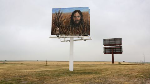 A billboard, "Jesus in the Wheat," stands alongside Interstate 70 on August 24 in Colby, Kansas. The billboard was erected by local residents Tuffy and Linda Taylor. "We just put it up there to minister," Linda Taylor told the Hays Daily News.