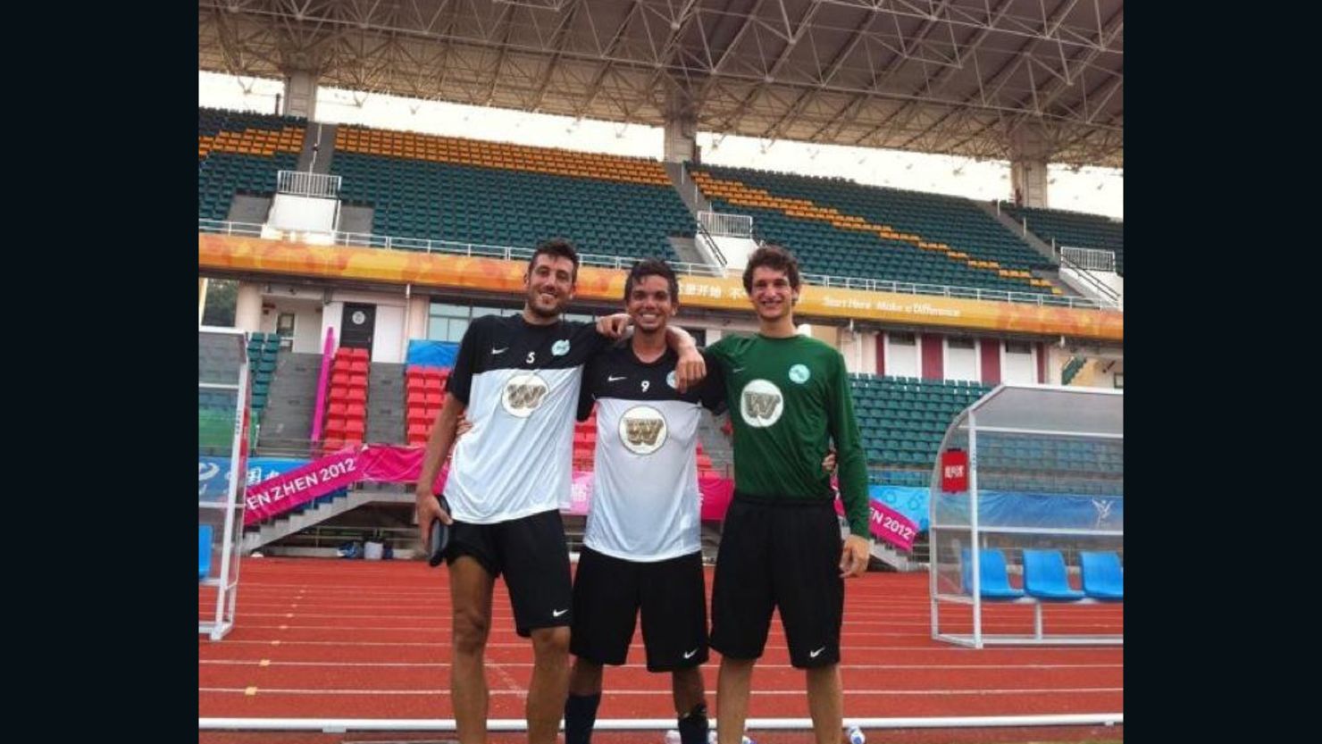 Hong Kong Southern District player Lander Panera, center, stands with fellow Spanish teammates Diego Folgar Toimil and Diego Gómez Heredia.