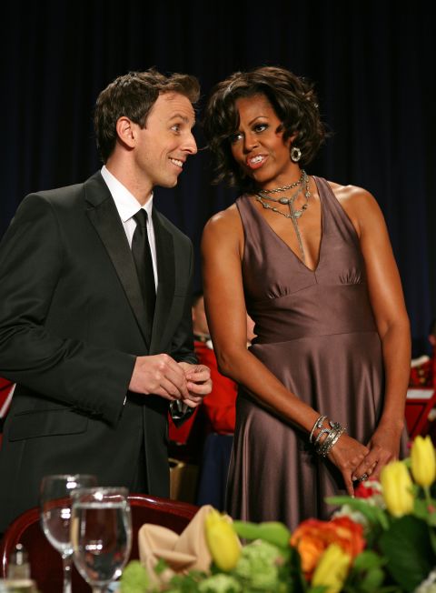 Meyers appears with first lady Michelle Obama at the White House Correspondents' Association annual dinner in Washington on  April 30, 2011.