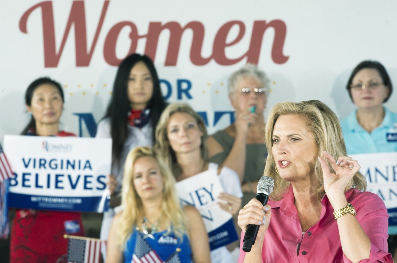 Ann Romney, wife of Republican presidential candidate Mitt Romney, waves to the crowd before speaking at a rally in Leesburg, Virginia, on Friday, September 7.