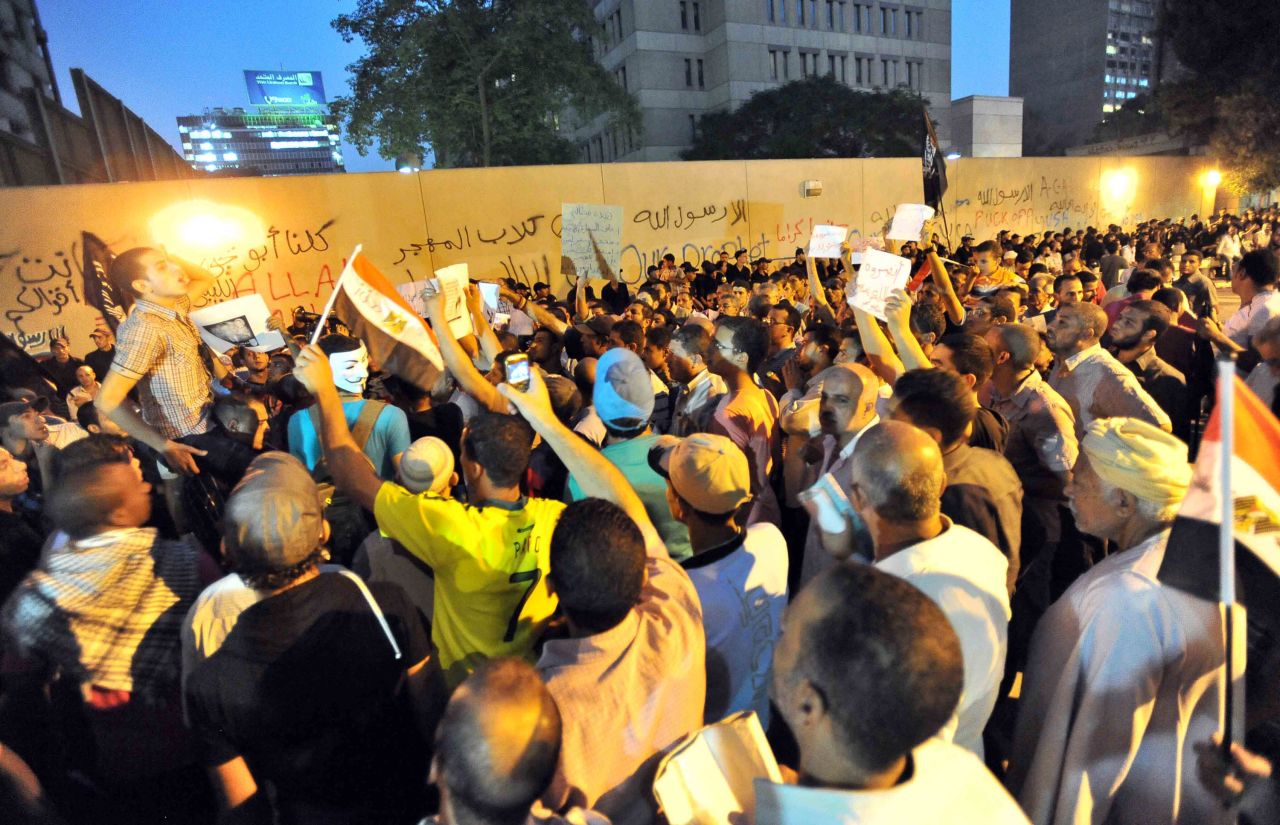Egyptians shout slogans during a protest in front of the U.S. Embassy in Cairo.