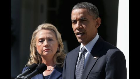 U.S. President Barack Obama, with Secretary of State Hillary Clinton on September 12, makes a statement at the White House about Stevens' death.
