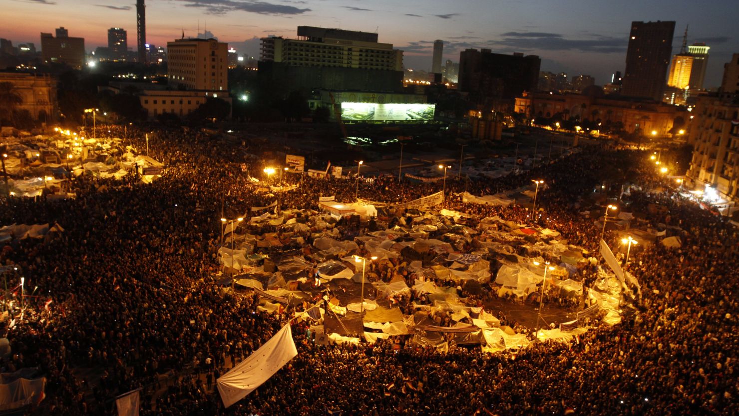 Demonstrators crowd Cairo's Tahrir Square on February 10, 2011 calling for the ouster of then president Hosni Mubarak. 