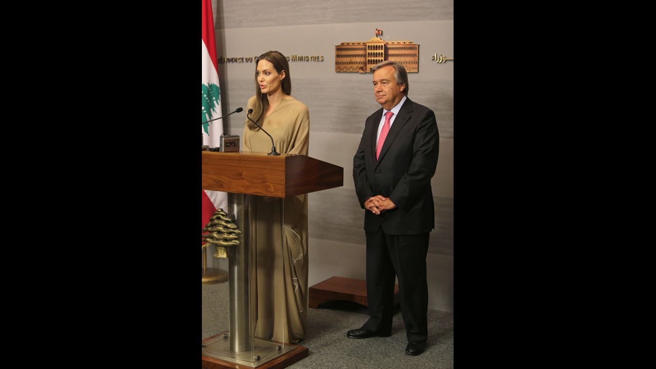 Jolie speaks during a news conference following a meeting with Guterres, right, and Lebanese Prime Minister Najib Mikati in Beirut on Wednesday.
