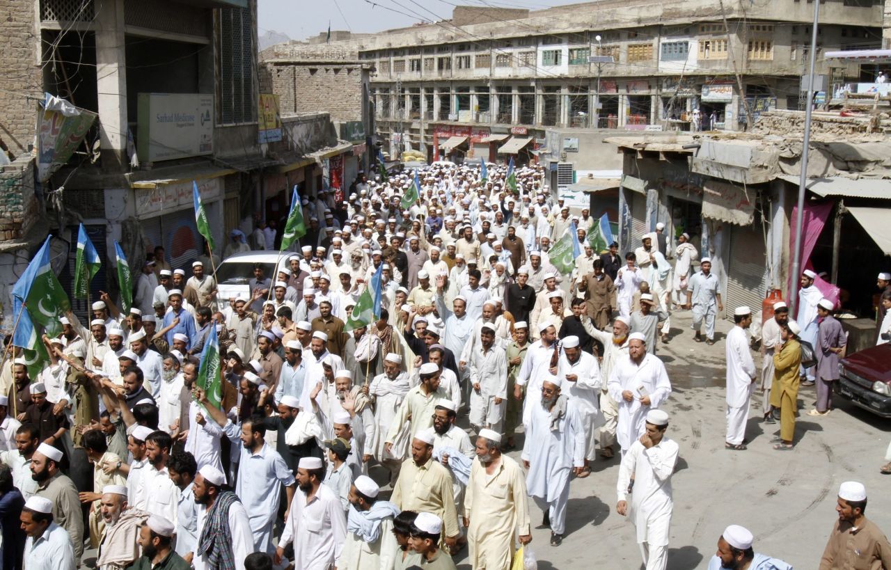 Supporters of Islamic political party Jamaat-e-Islami shout slogans during a protest in Khyber Agency on Saturday.