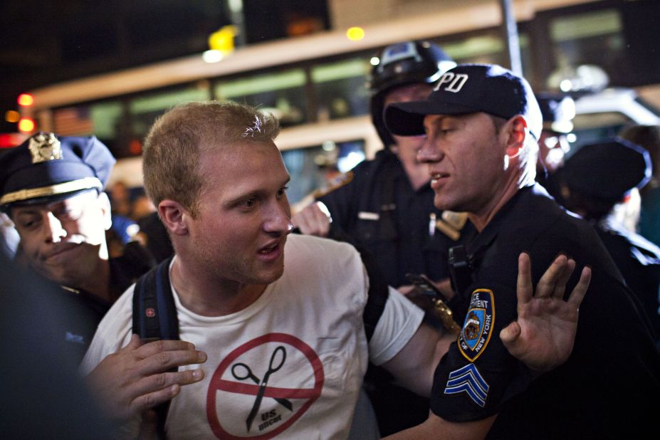 A member of Occupy Wall Street is arrested during a march from Washington Square Park to the financial district on Saturday.