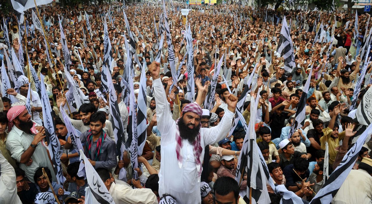 Supporters of Pakistan's outlawed Islamic hard-line group Jamaat ud Dawa shout anti-U.S. slogans during a rally against an anti-Islam movie in Lahore, Pakistan, on Sunday.