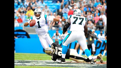 Cameron Jordan of the New Orleans Saints sacks quarterback Cam Newton of the Carolina Panthers on Sunday.