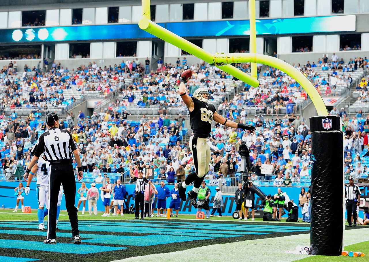 Jimmy Graham of the New Orleans Saints celebrates Sunday after scoring a touchdown against the Carolina Panthers.