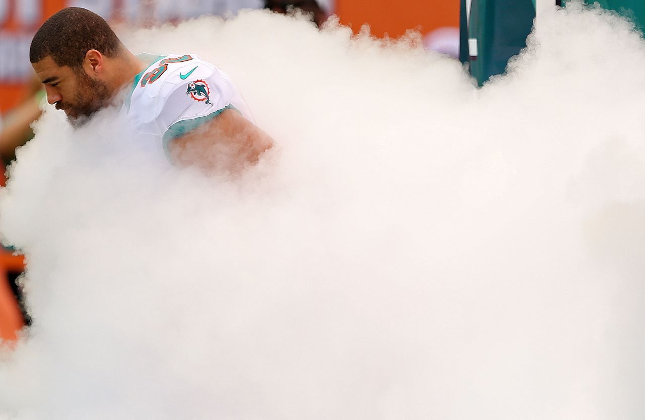 Jared Odrick of the Miami Dolphins takes the field for Sunday's game against the Oakland Raiders.