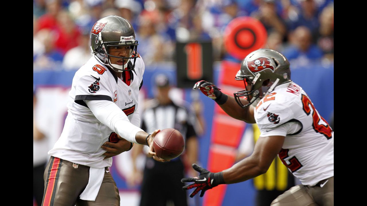 Quarterback Josh Freeman hands off to running back Doug Martin of the Tampa Bay Buccaneers during the game against the New York Giants on Sunday.