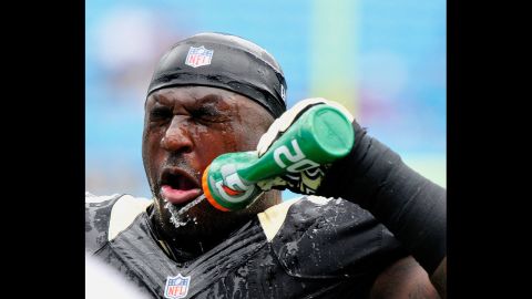 Defensive tackle Sedrick Ellis of the New Orleans Saints cools down during Sunday's game against the Carolina Panthers at Bank of America Stadium in Charlotte, North Carolina. 