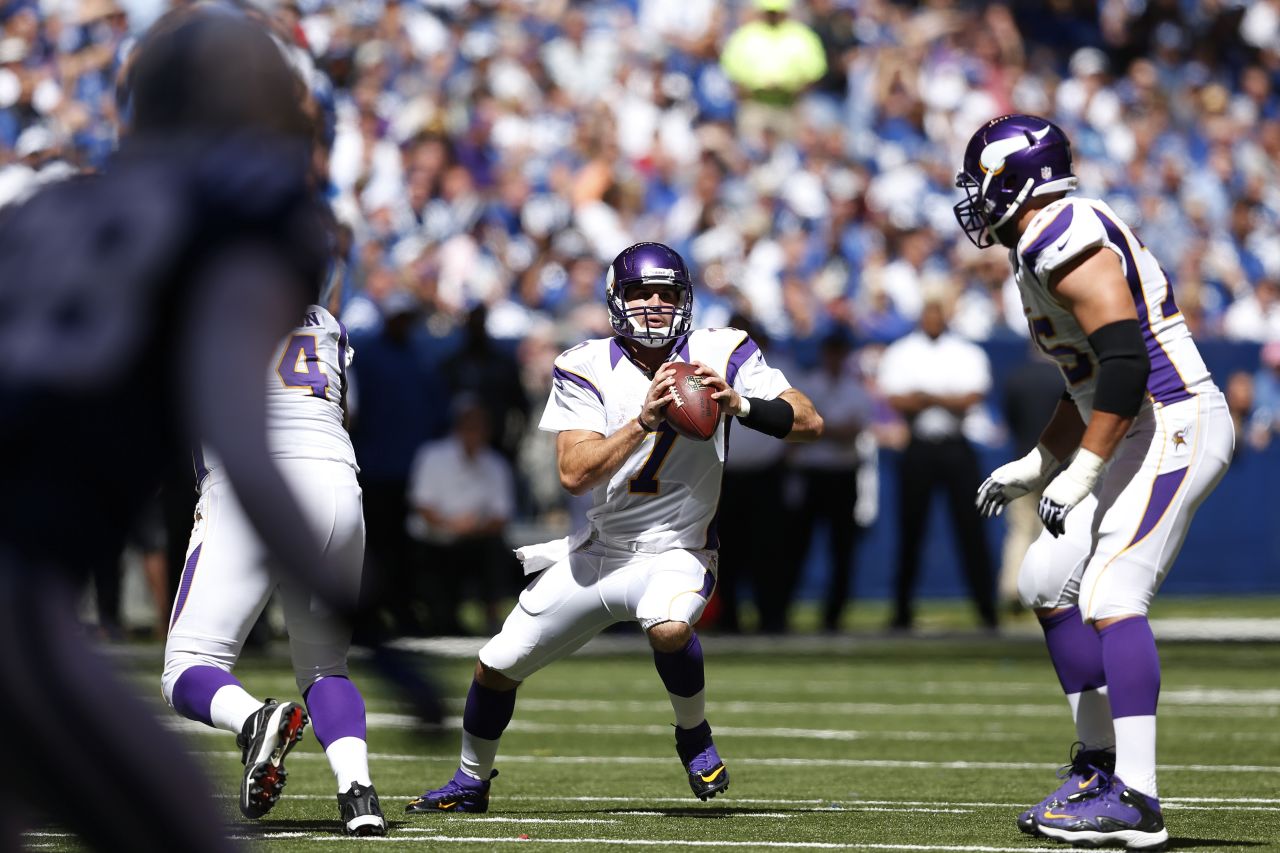 Christian Ponder of the Minnesota Vikings looks to pass against the Indianapolis Colts during Sunday's game at Lucas Oil Stadium in Indianapolis.