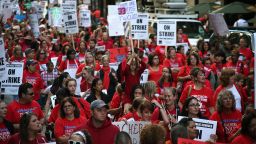 Thousands of teachers and their supporters march in front of the Chicago Public Schools headquarters on September 10. With more than 350,000 students, Chicago is home to the nation's third-largest school system.