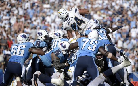 Running back Jackie Battle of the San Diego Chargers goes over the line of scrimmage for a touchdown Sunday against the Tennessee Titans at Qualcomm Stadium in San Diego.