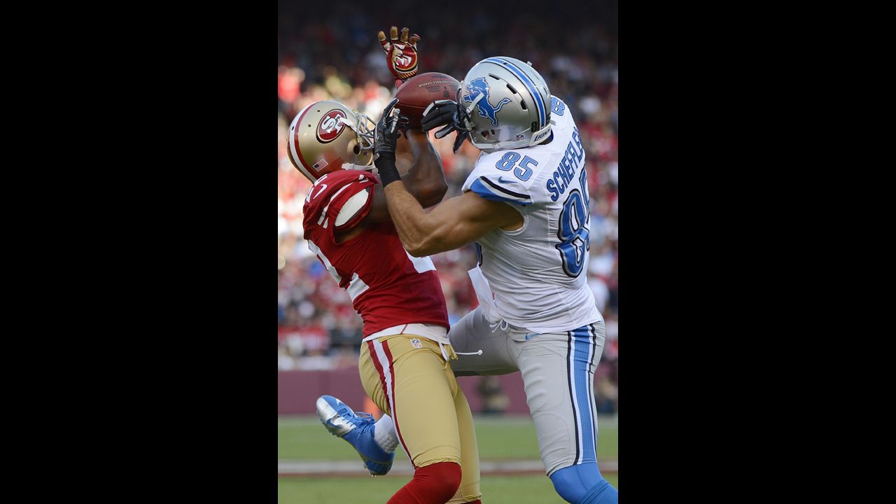Carlos Rogers of the San Francisco 49ers breaks up a pass to Tony Scheffler of the Detroit Lions in the first quarter of Sunday's game.