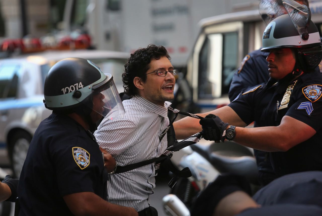 A protester is arrested during the one-year anniversary of the Occupy Wall Street movement on Monday.