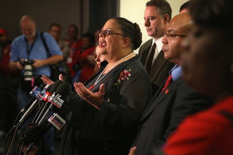 Chicago Teachers Union President Karen Lewis announces a tentative agreement on Friday, September 14, that could have ended the strike. After extensive debate, the delegates said they wanted more time to discuss the contract with union members.