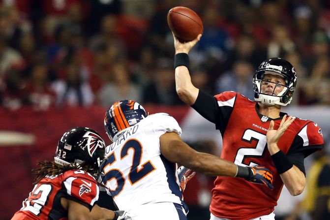 Quarterback Matt Ryan of the Atlanta Falcons throws the ball against the Denver Broncos on Monday.