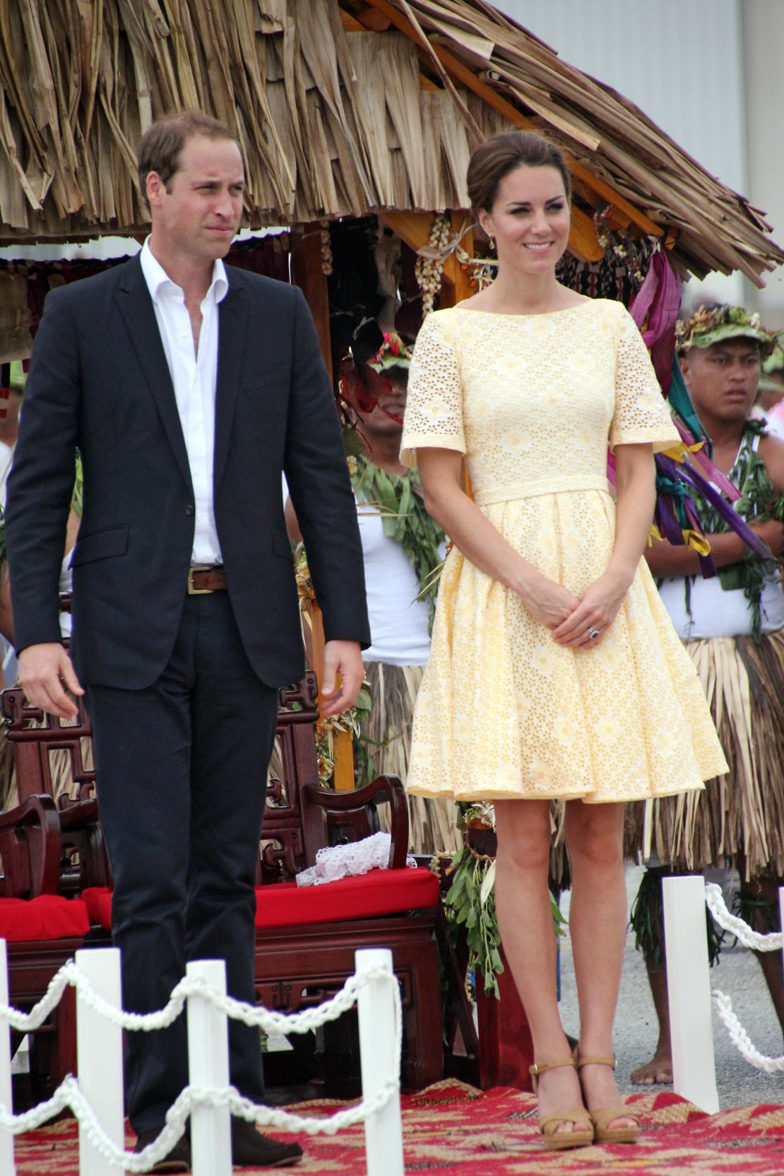William and his wife were on a nine-day tour of Southeast Asia, seen here arriving in Tuvalu in 2012, when the paparazzi pictures where published. 
