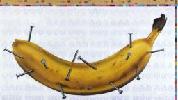The banana represents a sensitive person who is suffering from the nails sticking into him, said Oussama Diab. The artwork is called "Human Being."