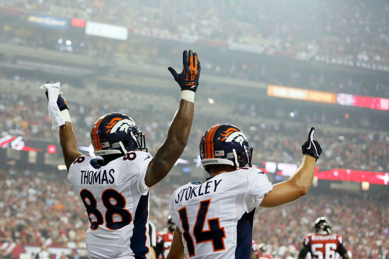 Demaryius Thomas, left, and Brandon Stokley of the Denver Broncos celebrate after a touchdown Monday against the Atlanta Falcons.