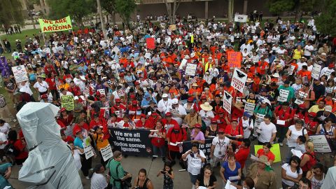 Protesters gathered at the Arizona state capitol to demonstrate against the controversial immigration law on July 29, 2010. 