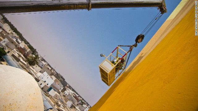 eL Seed used a crane to work on his 47 meters by 10 meters mural on the tallest minaret in Tunisia.